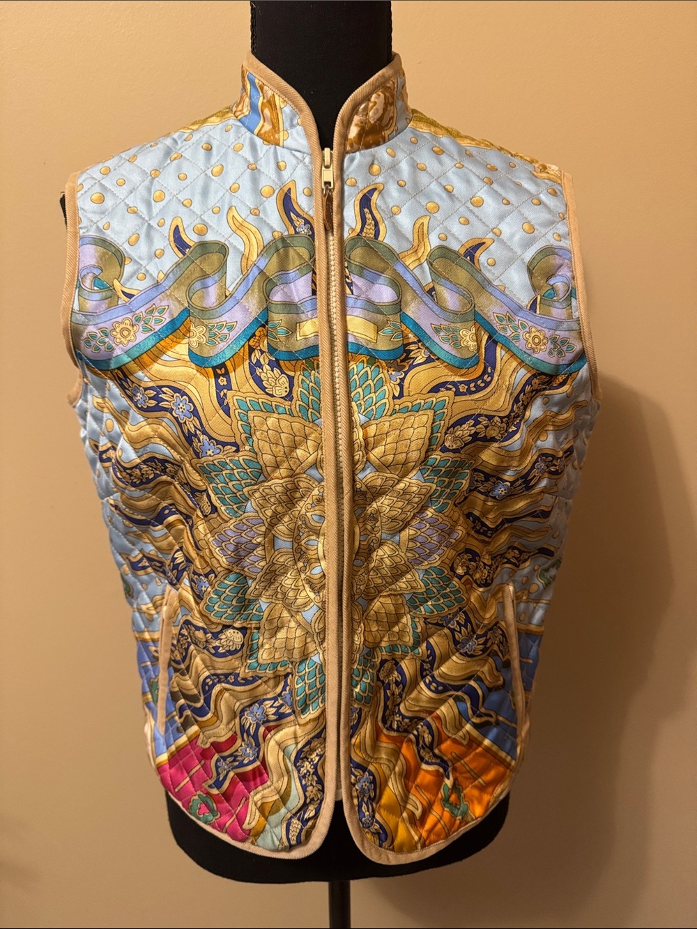 J. McLaughlin Quilted Medallion Zip Vest in Light Blue, Gold & Teal